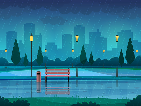 Rainy day park. Raining public park rain city nature season path bench street lamp landscape, flat vector illustration