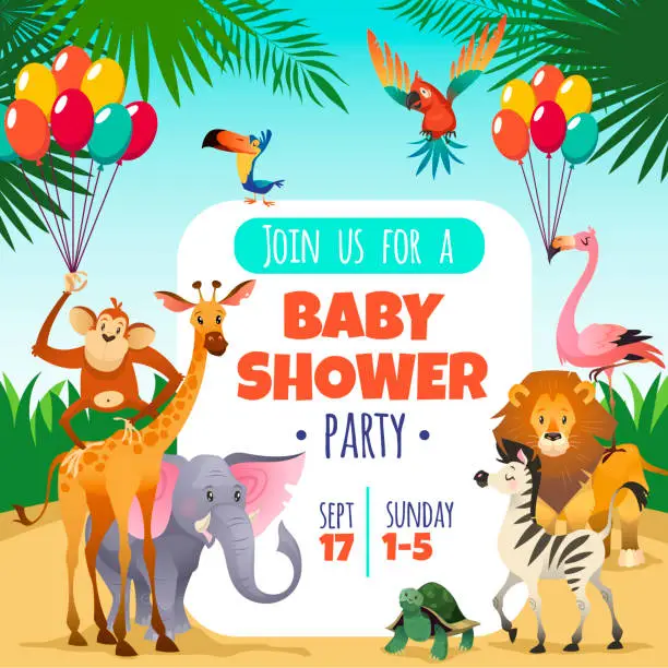 Vector illustration of Mother baby shower. Template invitation children party greeting baby tropical animals card, cartoon vector illustration