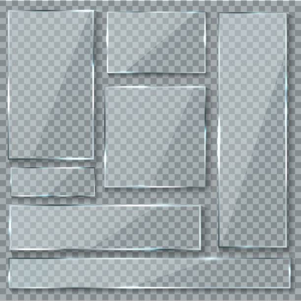 ガラス板。ガラステクスチャ効果ウィンドウプラスチッククリア透明バナープレートアクリル光沢のある看板ベクトルセット - アクリル画点のイラスト素材／クリップアート素材／マンガ素材／アイコン素材