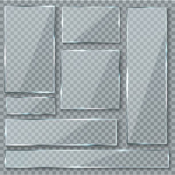 ilustrações de stock, clip art, desenhos animados e ícones de glass plate. glass texture effect window plastic clear transparent banners plates acrylic glossy signs vector set - translucent