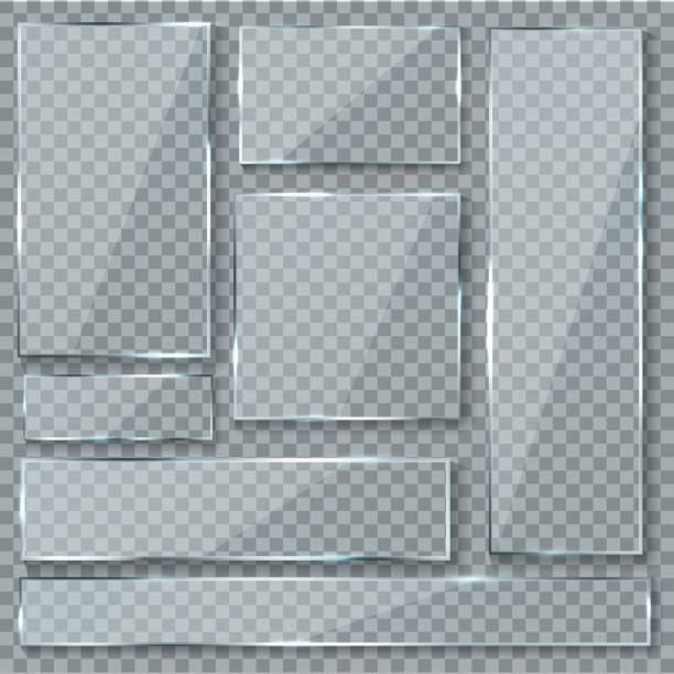 Glass plate. Glass texture effect window plastic clear transparent banners plates acrylic glossy signs vector set Glass plate. Glass texture effect window plastic clear transparent banners plates acrylic glossy signs vector isolated set translucent screen stock illustrations
