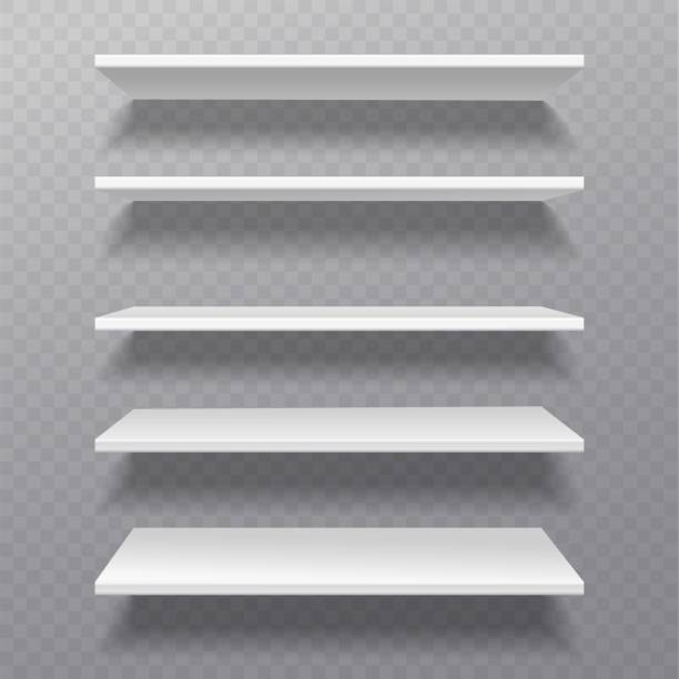 istock White shelves. Retail rack bibliotheque shelf box blank shelves empty bookshelf store bookcase on wall furniture set 1131837833