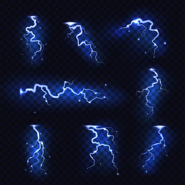 リアルな雷。電撃雷雷光は嵐のフラッシュ雷雨を火花ます。電力エネルギーチャージサンダーショック - lightning点のイラスト素材／クリップアート素材／マンガ素材／アイコン素材