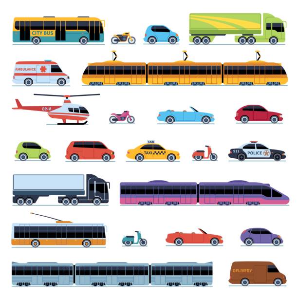 Car collection. Vehicles city transportation. Cars helicopter tram bus taxi police convertible scooter motorcycle smart Car collection. Vehicles city transportation. Cars helicopter tram bus taxi police convertible scooter motorcycle and smart. Side view urban auto isolate hatchback side stock illustrations