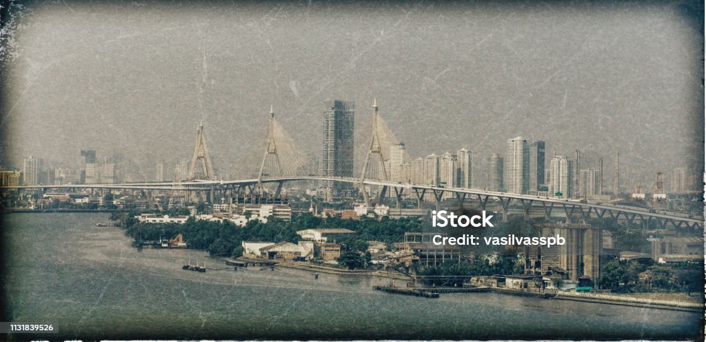 Krung Thep Maha Nakhon. Bangkok. City view. View of Bangkok from the water. Stylized as an old postcard. Aerial View Stock Photo