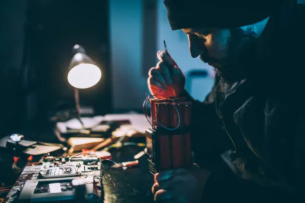 Man making time bomb at night