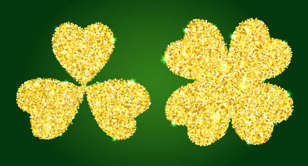 золотой блеск клевера элементы дизайна листьев - vibrant color shiny irish culture traditional culture stock illustrations