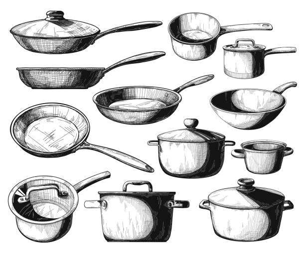Set of frying pan and different pots isolated on white background. Vector illustration. Set of frying pan and different pots isolated on white background. Vector illustration. cooking drawings stock illustrations