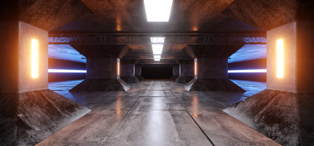 istock Sci Fi Futuristic Alien Ship Grunge Concrete Reflective Columns Corridor Spaceship Modern Orange Yellow White Blue Neon Glowing Laser Led Tiled Floor 3D Rendering 1131851710