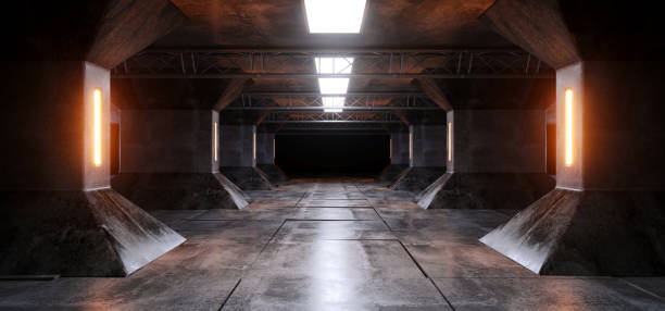 istock Sci Fi Futuristic Alien Ship Grunge Concrete Reflective Columns Corridor Spaceship Modern Orange Yellow White Neon Glowing Laser Led Tiled Floor 3D Rendering 1131851792