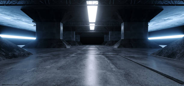 istock Sci Fi Futuristic Alien Ship Grunge Concrete Reflective Columns Corridor Spaceship Modern White Blue Neon Glowing Laser Led Tiled Floor Background 3D Rendering 1131851983