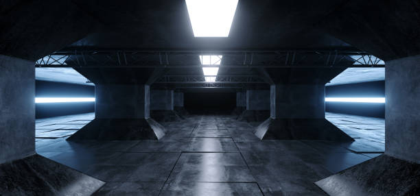 istock Sci Fi Futuristic Alien Ship Grunge Concrete Reflective Columns Corridor Spaceship Modern White Blue Neon Glowing Laser Led Tiled Floor Background 3D Rendering 1131851992