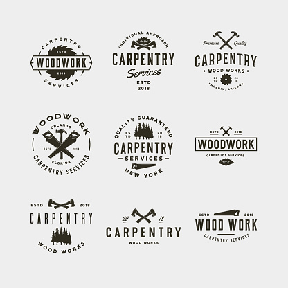 set of vintage carpentry symbols. retro styled wood works emblems, badges, design elements, logotype templates. vector illustration