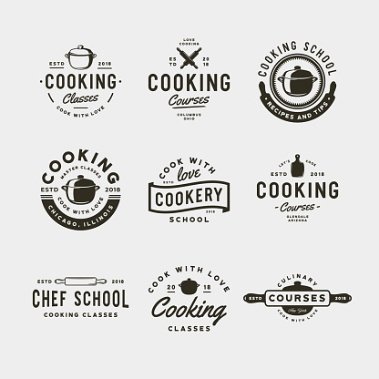 set of vintage cooking classes symbols. retro styled culinary school emblems, badges, design elements, symbol templates. vector illustration