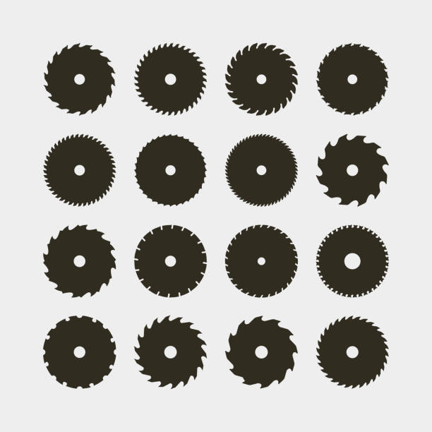 set of different black silhouettes of circular saw blades. vector illustration set of different black silhouettes of circular saw blades. sawmill design elements for logotypes and emblems. vector illustration hand saw stock illustrations
