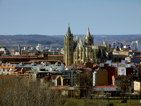Gothic Cathedral of the city of León, seen from the top of the city on a sunny winter day