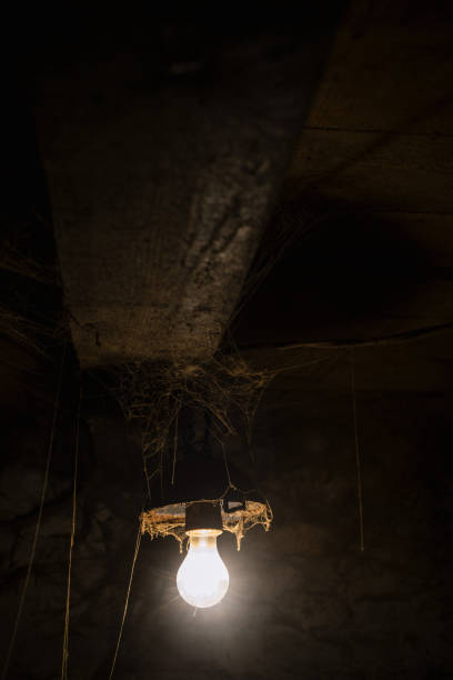 istock Gloomy room with cobwebs and light bulbs 1131857228