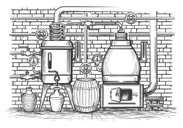 ilustraciones, imágenes clip art, dibujos animados e iconos de stock de equipo de destilación vintage - alambique