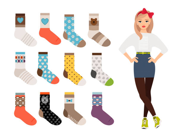 ilustraciones, imágenes clip art, dibujos animados e iconos de stock de colección de calcetines de mujer cálida y casual - sock wool multi colored isolated