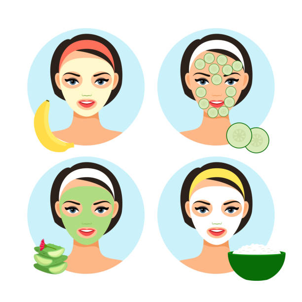 ilustrações de stock, clip art, desenhos animados e ícones de natural facial masks - facial mask spa treatment cucumber human face