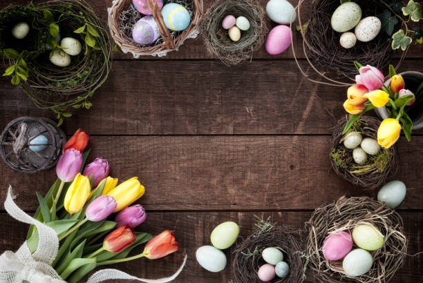 wielkanoc wiosna tulipany ramka rustykalne tło - animal egg eggs basket yellow zdjęcia i obrazy z banku zdjęć