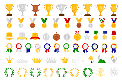 Cartoon award set. Sport and game achievement vector awards, medal and bowl, achieve trophy coat of arms and emblem, wreath and crown