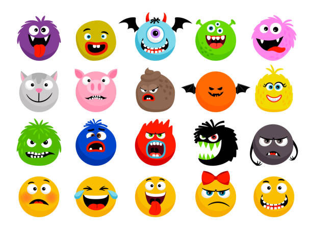 Monster and animal emoticons Monster and animal emoticons. Vector cartoon funny monsters, cute animals smileys faces, cartoon happy and scary expressions characters grimacing stock illustrations