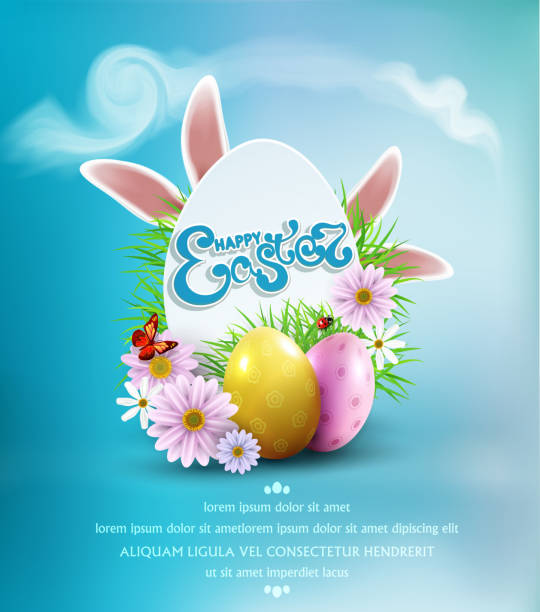 вектор пасхальный фон с цветными яйцами, кролика уши, цветы, божья коровка, и бабочка и текст, �в карты яйцо, как - заяц stock illustrations