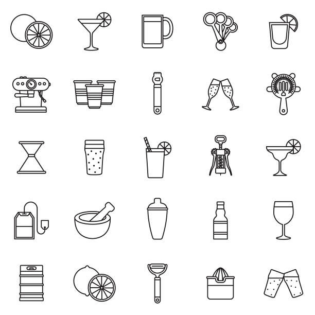 Bartending Thin Line Icon Set A set of icons. File is built in the CMYK color space for optimal printing. Color swatches are global so it’s easy to edit and change the colors. garnish stock illustrations