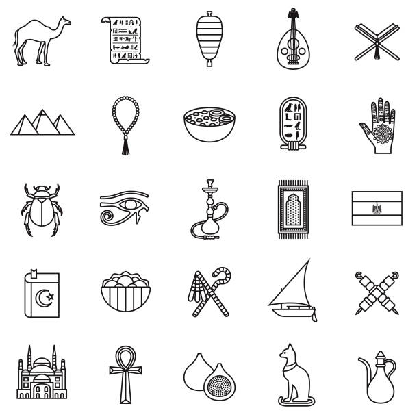 egypt thin line icon set - felucca boat stock-grafiken, -clipart, -cartoons und -symbole