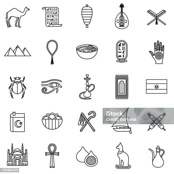 Egypt Thin Line Icon Set Stock Illustration - Download Image Now - Icon Symbol, Felucca Boat, Prayer Beads