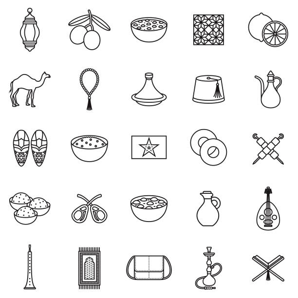 Morocco Thin Line Icon Set A set of icons. File is built in the CMYK color space for optimal printing. Color swatches are global so it’s easy to edit and change the colors. tajine stock illustrations