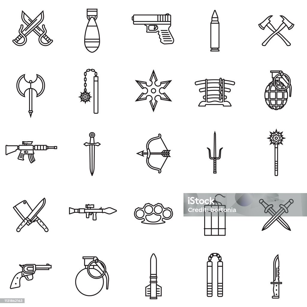 Weapons Thin Line Icon Set A set of icons. File is built in the CMYK color space for optimal printing. Color swatches are global so it’s easy to edit and change the colors. Icon Symbol stock vector