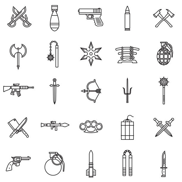 Weapons Thin Line Icon Set A set of icons. File is built in the CMYK color space for optimal printing. Color swatches are global so it’s easy to edit and change the colors. pistol clipart stock illustrations
