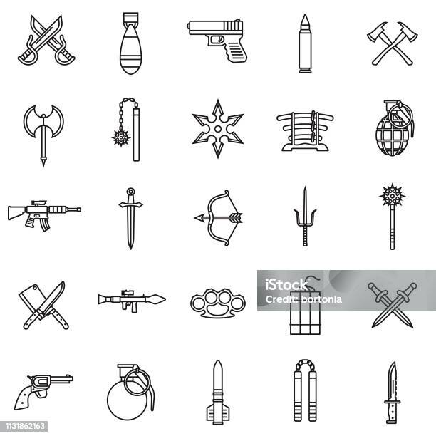 Weapons Thin Line Icon Set Stock Illustration - Download Image Now - Icon Symbol, Axe, Brass Knuckle