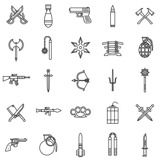 Vector illustration of Weapons Thin Line Icon Set