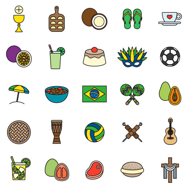 ilustraciones, imágenes clip art, dibujos animados e iconos de stock de conjunto de iconos de línea delgada de brasil - pastel de primera comunión