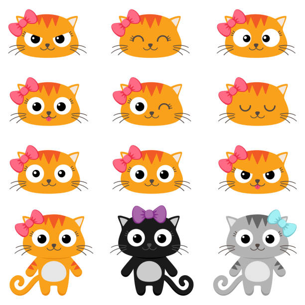 ilustraciones, imágenes clip art, dibujos animados e iconos de stock de vector de dibujos animados gato emociones - winking bizarre black and white animal