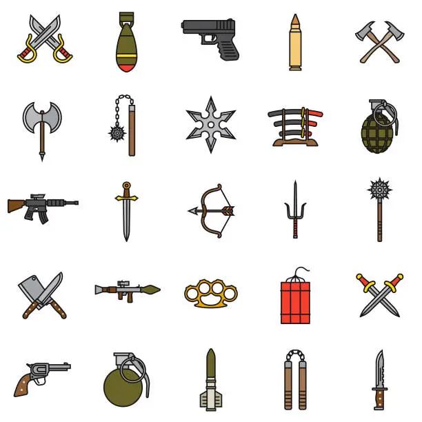 Vector illustration of Weapons Thin Line Icon Set
