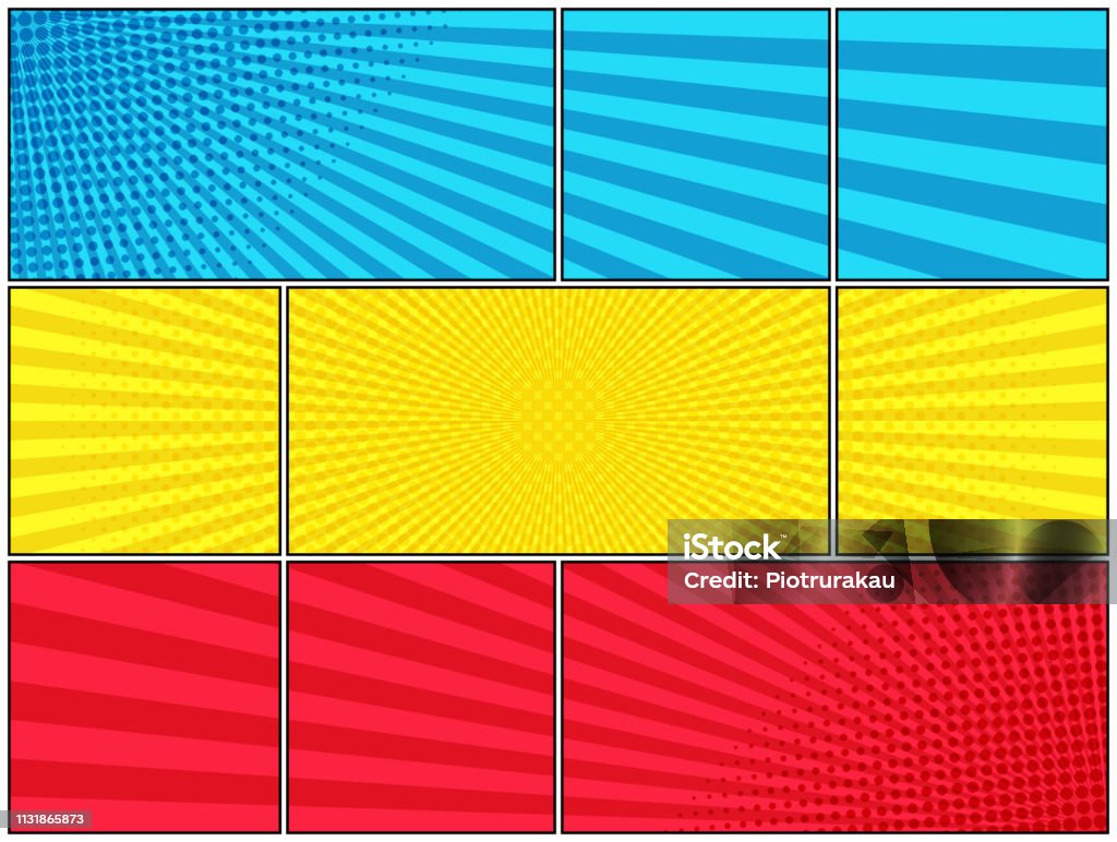 Comic book horizontal template Comic book horizontal template with radial and halftone effects in blue yellow red colors. Vector illustration Comic Book stock vector