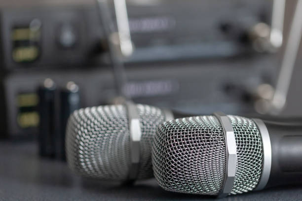 istock radio microphones. wireless sound transmission system. 1131868617