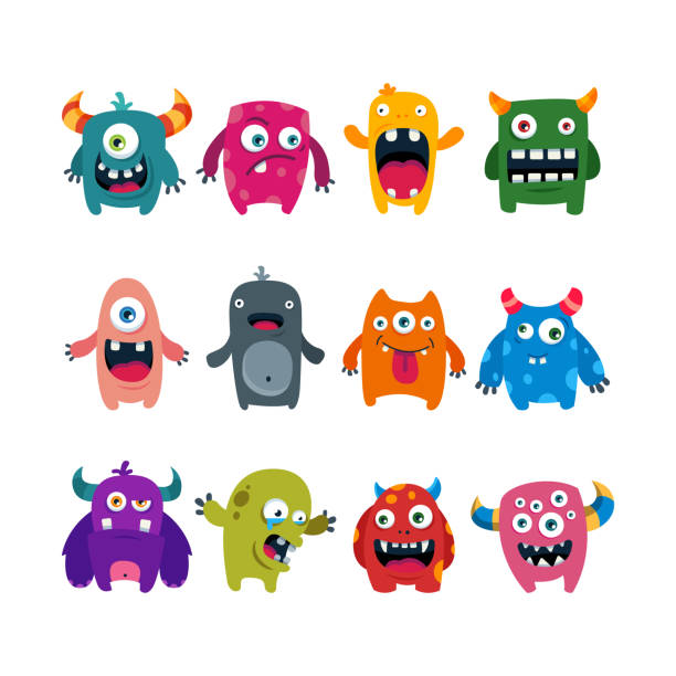 ilustrações de stock, clip art, desenhos animados e ícones de set of cartoon cute monsters. flat vector illustration - monster