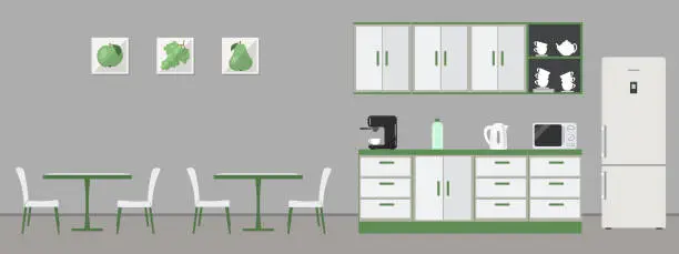 Vector illustration of Green office kitchen. Dining room in office