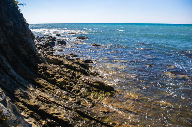 istock rocky sea shore with pebble beach, waves with foam 1131871096