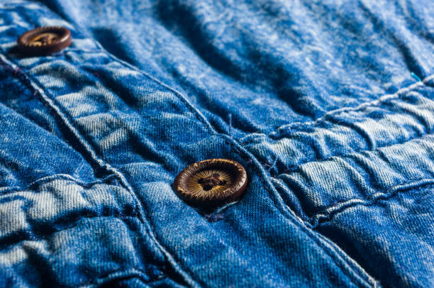 istock Blue washed faded jeans texture with seams, clasps, buttons and rivets 1131871111