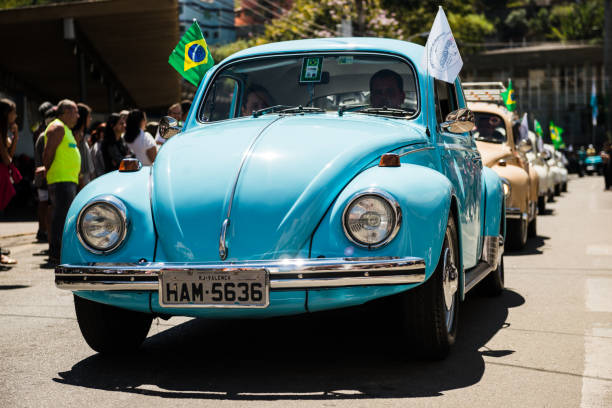 Valença (Rio de Janeiro), Brazil - September 7, 2018: Parade of classic brazilian cars on the streets of Valença (south of the state of Rio de Janeiro) during the Brazil independence day celebrations.