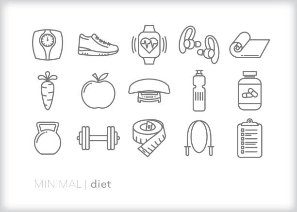 illustrations, cliparts, dessins animés et icônes de les icônes minimales de ligne de régime pour un mode de vie sain de forme physique et de bonne nutrition - serving size weight scale scale food