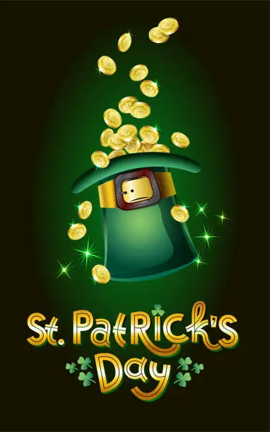 Vector illustration of Vector Saint Patricks Day Card, hat full of golden coins, treasure of Leprechaun. Lettering text Happy St Patricks Day.