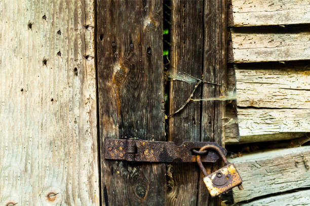 istock Wooden background texture of old boards with rusty hinge. 1131873053
