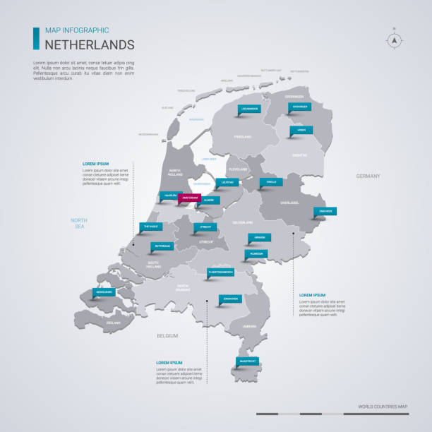 Netherlands vector map with infographic elements, pointer marks. Netherlands vector map with infographic elements, pointer marks. Editable template with regions, cities and capital Amsterdam. netherlands stock illustrations